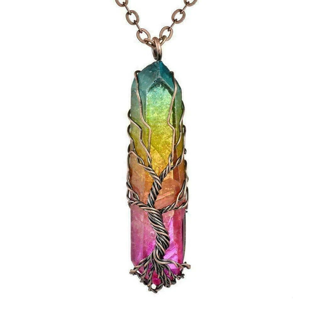 Handmade Rainbow Quartz Tree of Life Necklace 🌈✨ Spiritual Healing Crystal Jewelry