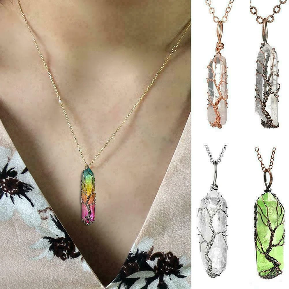 Handmade Rainbow Quartz Tree of Life Necklace 🌈✨ Spiritual Healing Crystal Jewelry