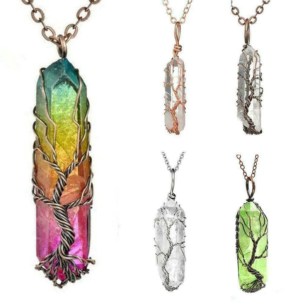 Handmade Rainbow Quartz Tree of Life Necklace 🌈✨ Spiritual Healing Crystal Jewelry