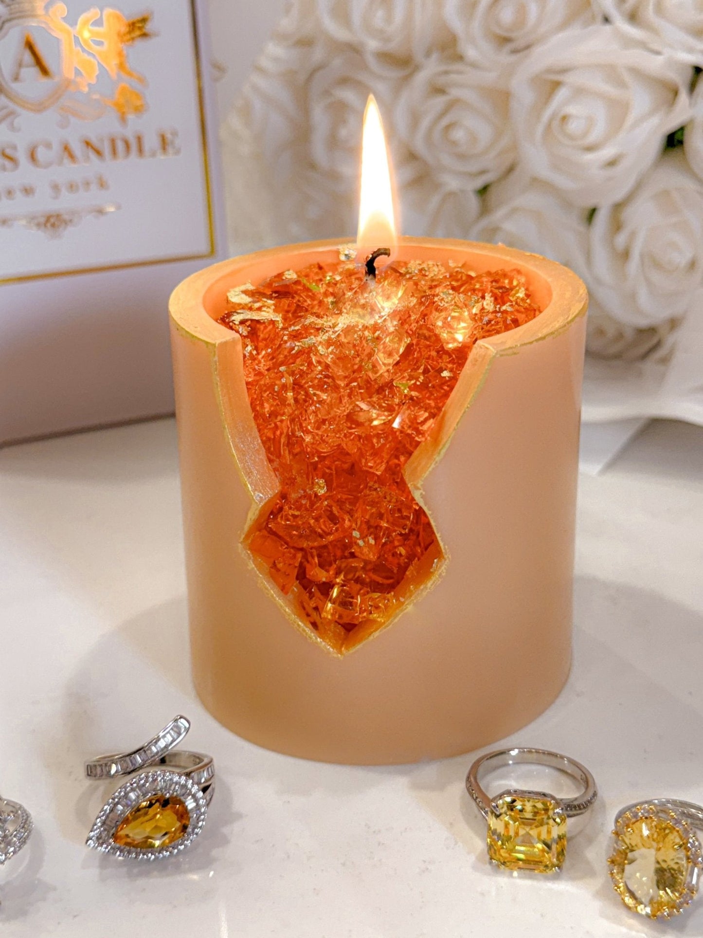 18K Gold Citrine Crystal Candle – Prosperity & Success