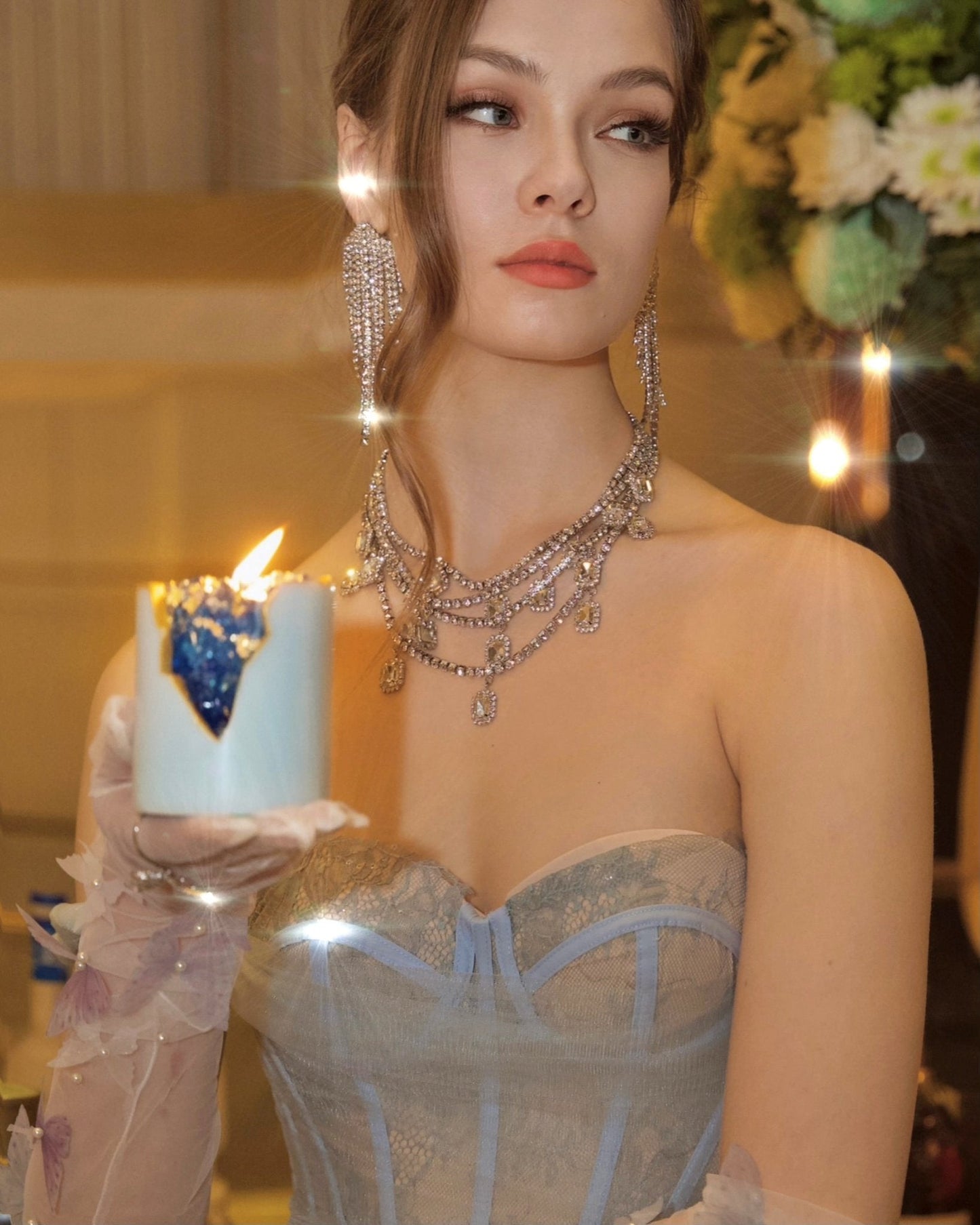 18K Gold Blue Aquamarine Crystal Candle – Tranquility & Strength