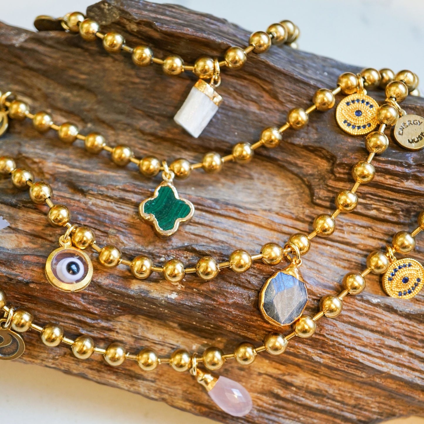 Gold Charm Bracelet with Rose Quartz & Tiger's Eye
