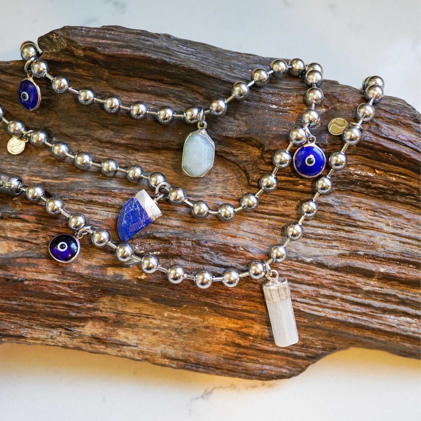 Silver Charm Bracelet with Sodalite & Blue Evil Eye