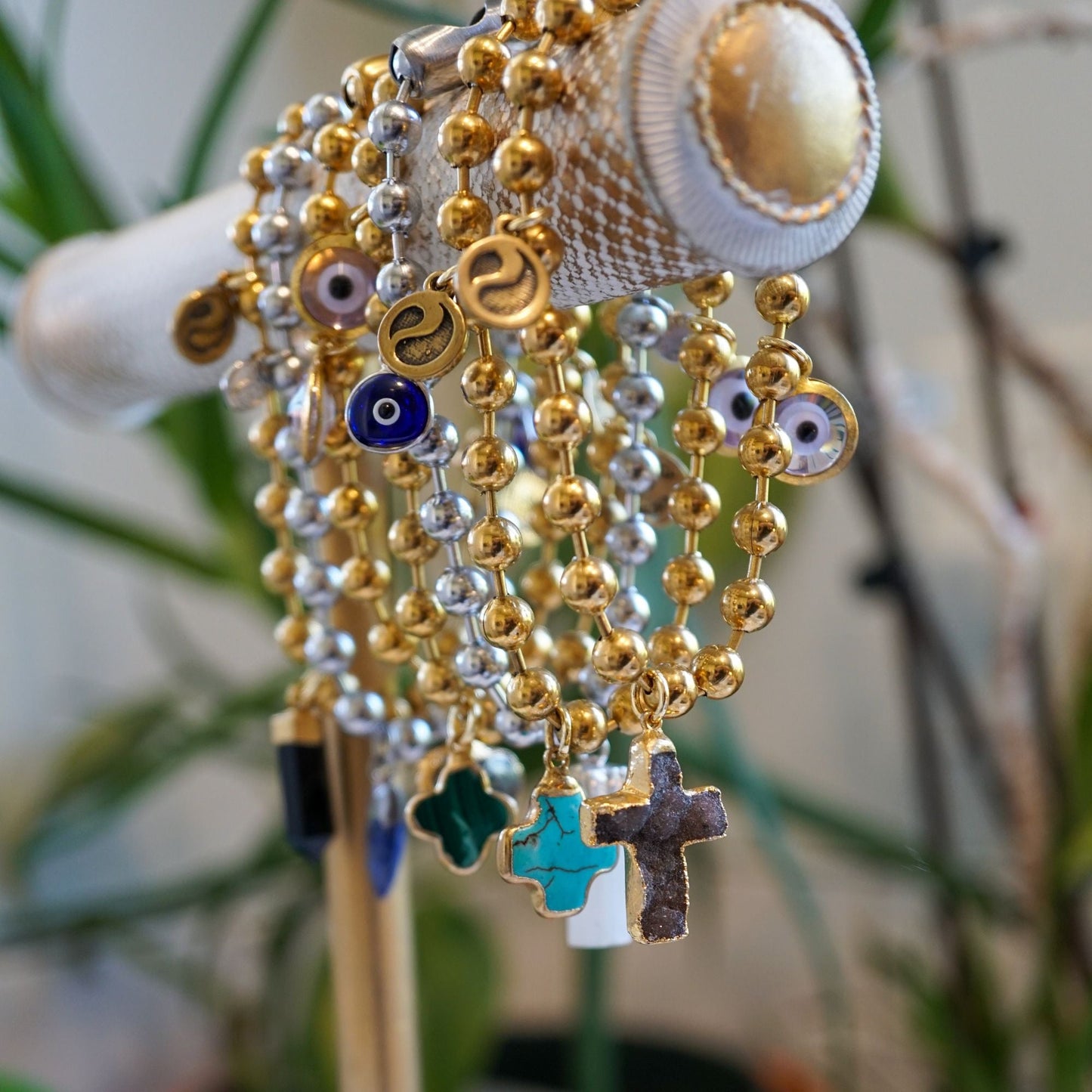 Gold Charm Bracelet with Agate Druzy Pyramid & Clear Evil Eye