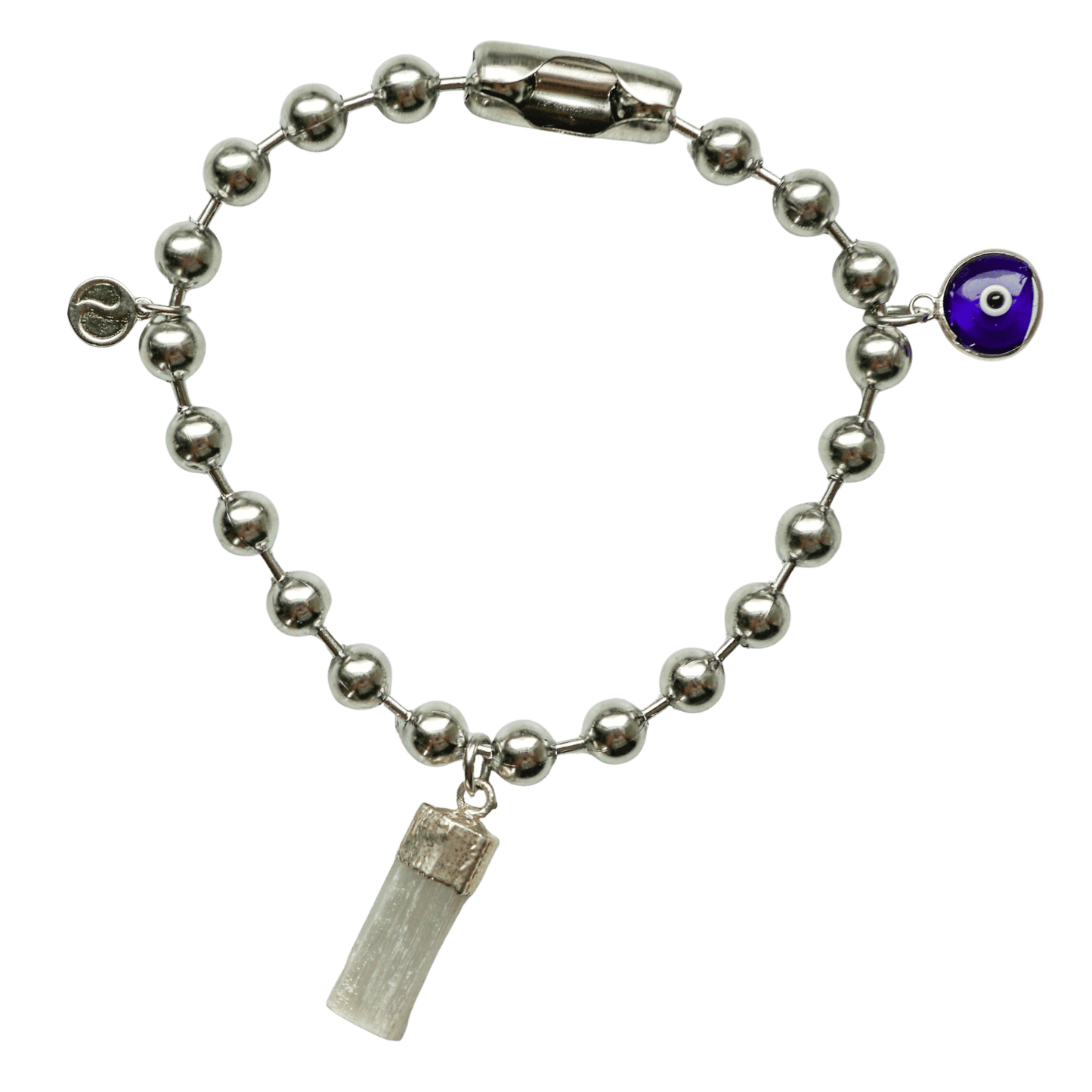 Silver Charm Bracelet with Selenite & Blue Evil Eye