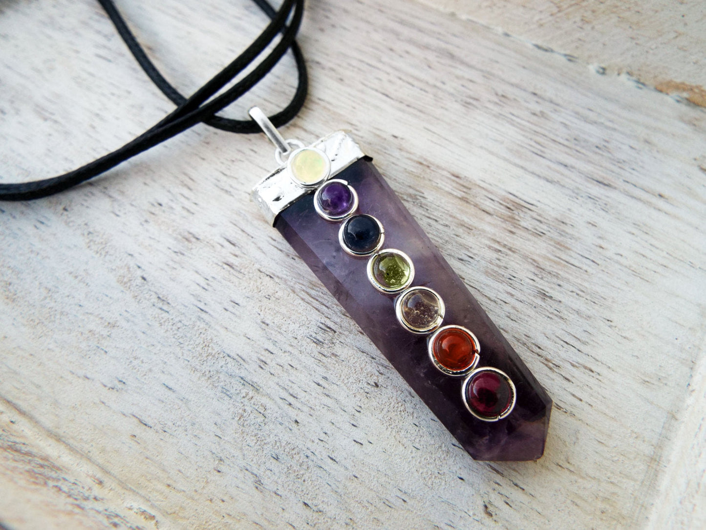 Amethyst Pendulum Chakra Pendant Silver Necklace Handmade Gemstone Pointer Gothic Magic Dark Wicca Jewelry