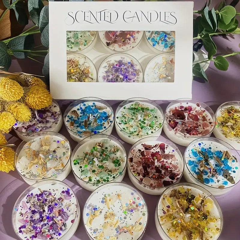 6 Piece Scented Candle Gift Set with Crystals and Dried Flowers - Colourful Sequin Embellishments, 6 Unique Fragrances to Create a Romantic Ambience - Perfect for Valentine's Day and Home Decoration, Valentine's Day Home Decorations