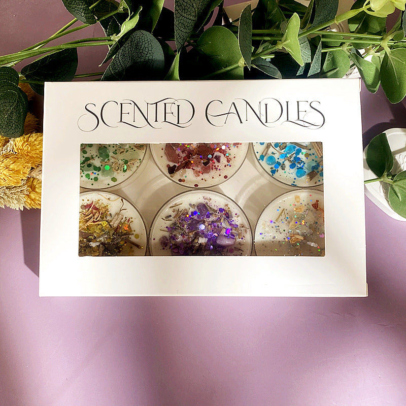 6 Piece Scented Candle Gift Set with Crystals and Dried Flowers - Colourful Sequin Embellishments, 6 Unique Fragrances to Create a Romantic Ambience - Perfect for Valentine's Day and Home Decoration, Valentine's Day Home Decorations