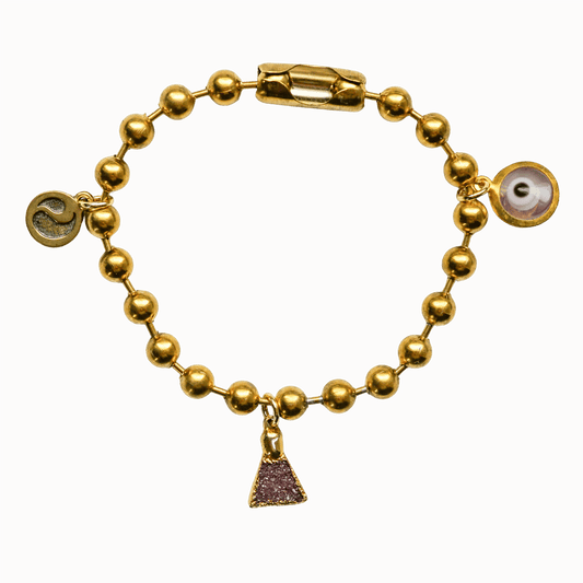 Gold Charm Bracelet with Agate Druzy Pyramid & Clear Evil Eye