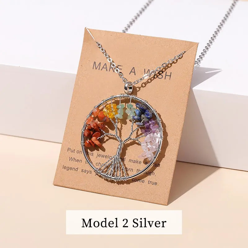 Change Better 7 Chakras Tree Of Life Pendant Necklace Gold Color Wisdom Natural Crystal Chip Beads Reiki Healing Jewelry Gift