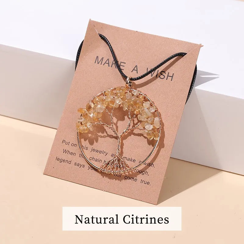 Change Better 7 Chakras Tree Of Life Pendant Necklace Gold Color Wisdom Natural Crystal Chip Beads Reiki Healing Jewelry Gift