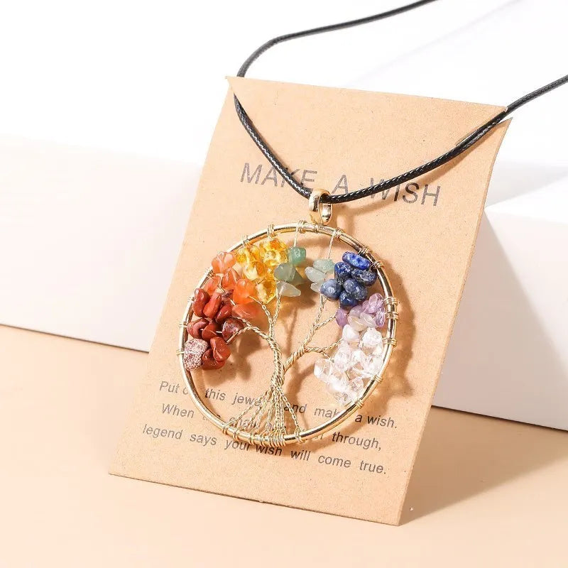 Change Better 7 Chakras Tree Of Life Pendant Necklace Gold Color Wisdom Natural Crystal Chip Beads Reiki Healing Jewelry Gift
