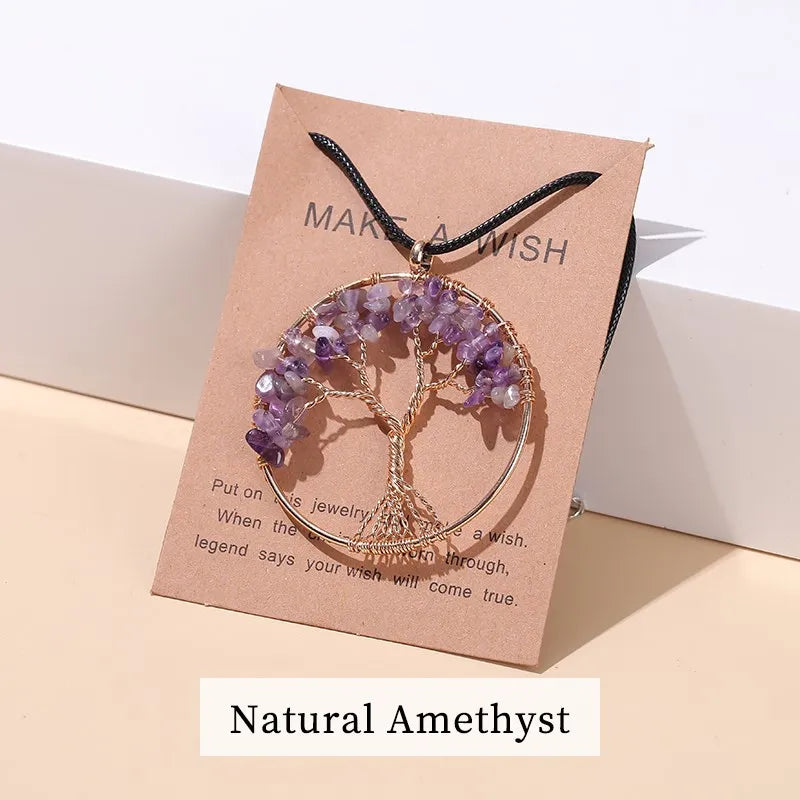 Change Better 7 Chakras Tree Of Life Pendant Necklace Gold Color Wisdom Natural Crystal Chip Beads Reiki Healing Jewelry Gift