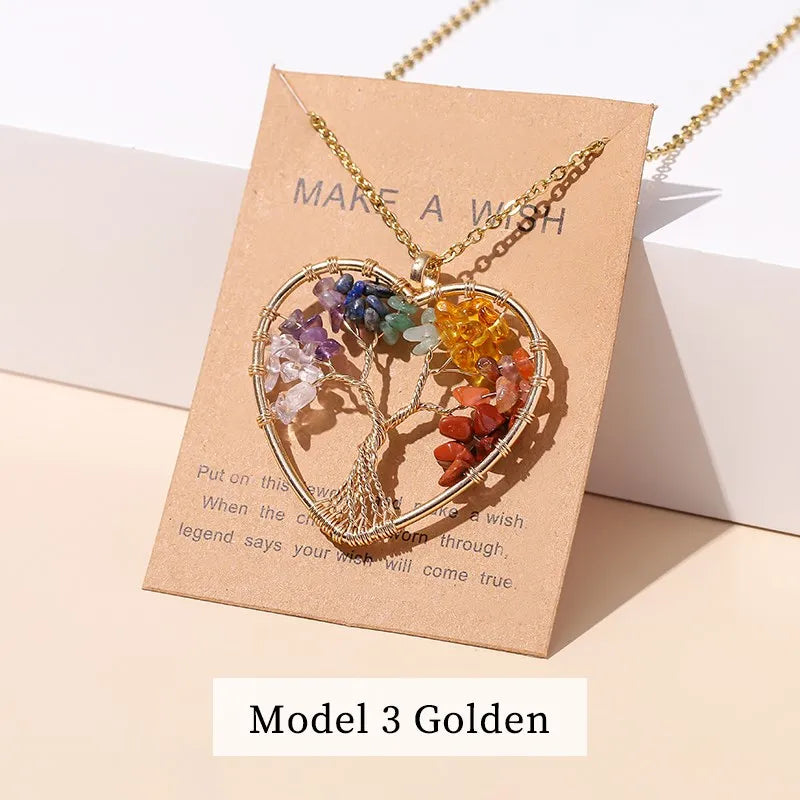 Change Better 7 Chakras Tree Of Life Pendant Necklace Gold Color Wisdom Natural Crystal Chip Beads Reiki Healing Jewelry Gift