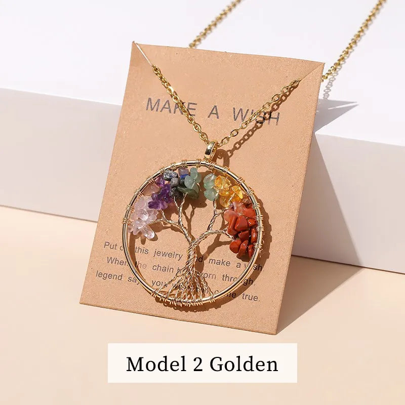 Change Better 7 Chakras Tree Of Life Pendant Necklace Gold Color Wisdom Natural Crystal Chip Beads Reiki Healing Jewelry Gift