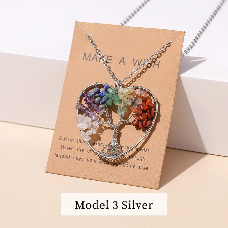 Change Better 7 Chakras Tree Of Life Pendant Necklace Gold Color Wisdom Natural Crystal Chip Beads Reiki Healing Jewelry Gift