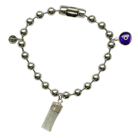 Silver Charm Bracelet with Selenite & Blue Evil Eye