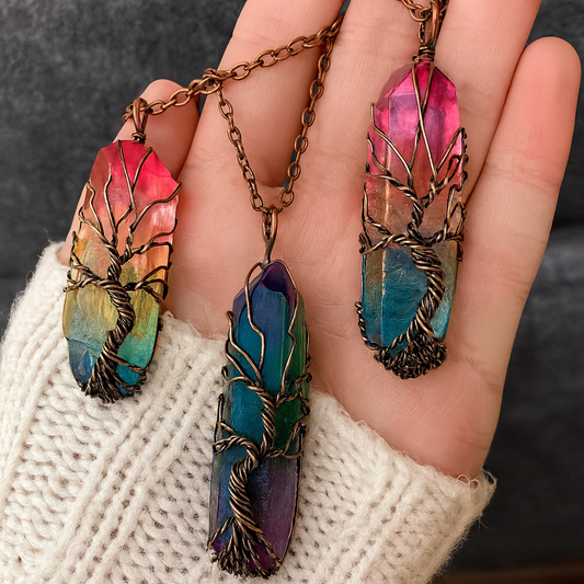 Handmade Rainbow Quartz Tree of Life Necklace 🌈✨ Spiritual Healing Crystal Jewelry