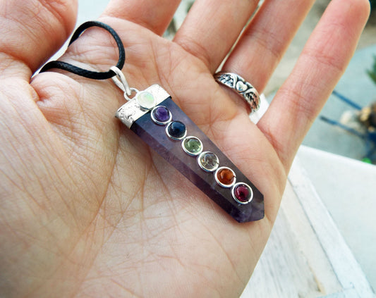 Amethyst Pendulum Chakra Pendant Silver Necklace Handmade Gemstone Pointer Gothic Magic Dark Wicca Jewelry